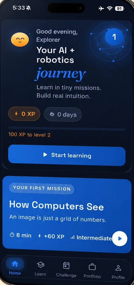 The Toorova app home screen: 'Your AI + robotics journey', with the first mission, How Computers See.