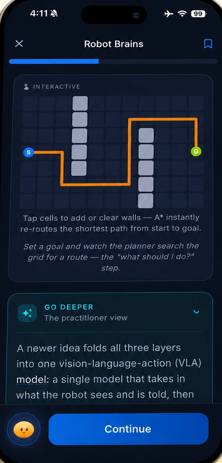 An interactive exercise in a Toorova robotics lesson: a grid where you add walls and watch a robot find the shortest path to its goal.