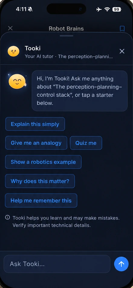 Tooki inside a Toorova robotics lesson, offering starters such as 'Explain this simply', 'Give me an analogy' and 'Quiz me'.